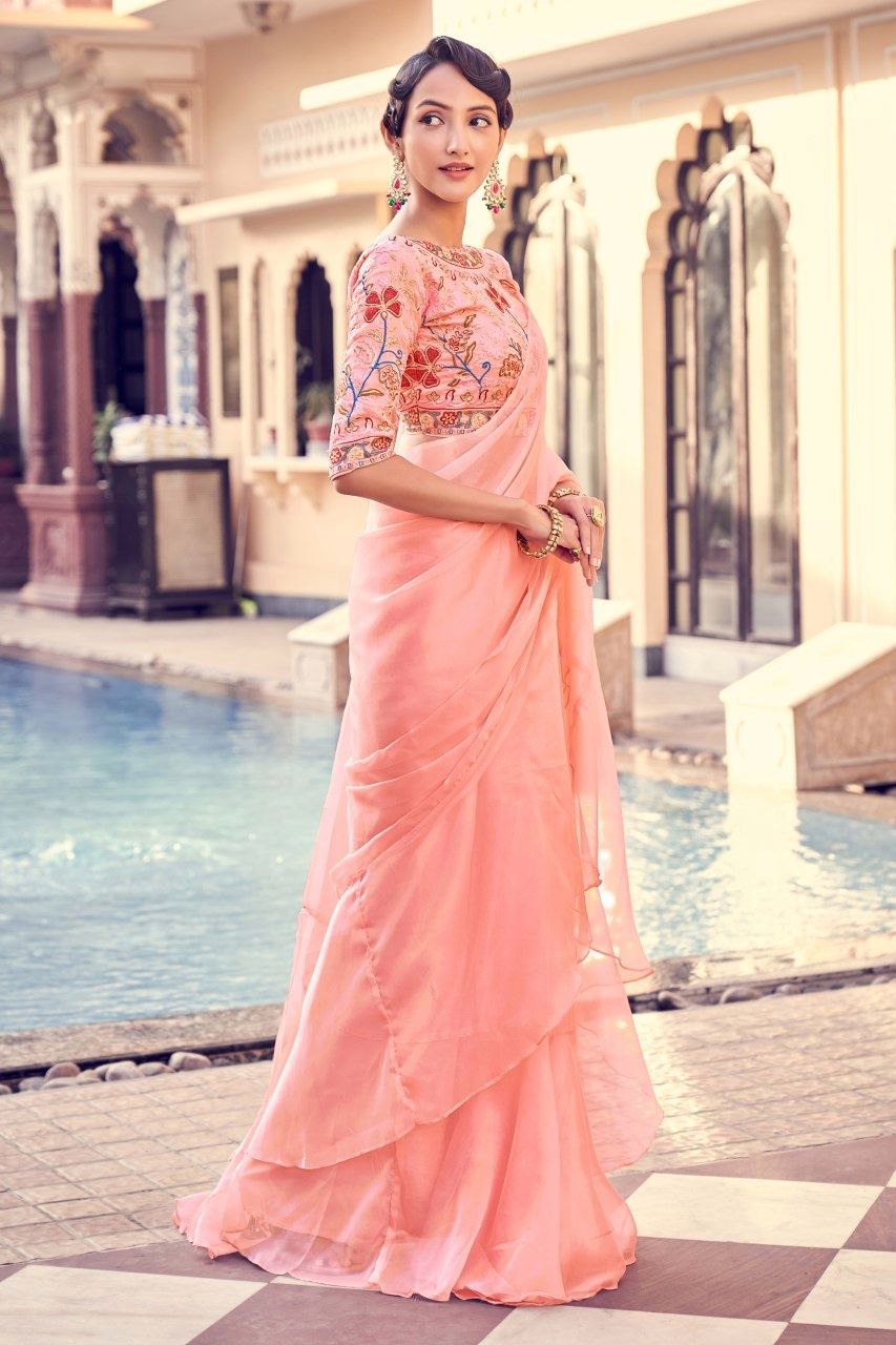Luxury Peach Pink Organza Saree With Intricate Thread & Sequin Work