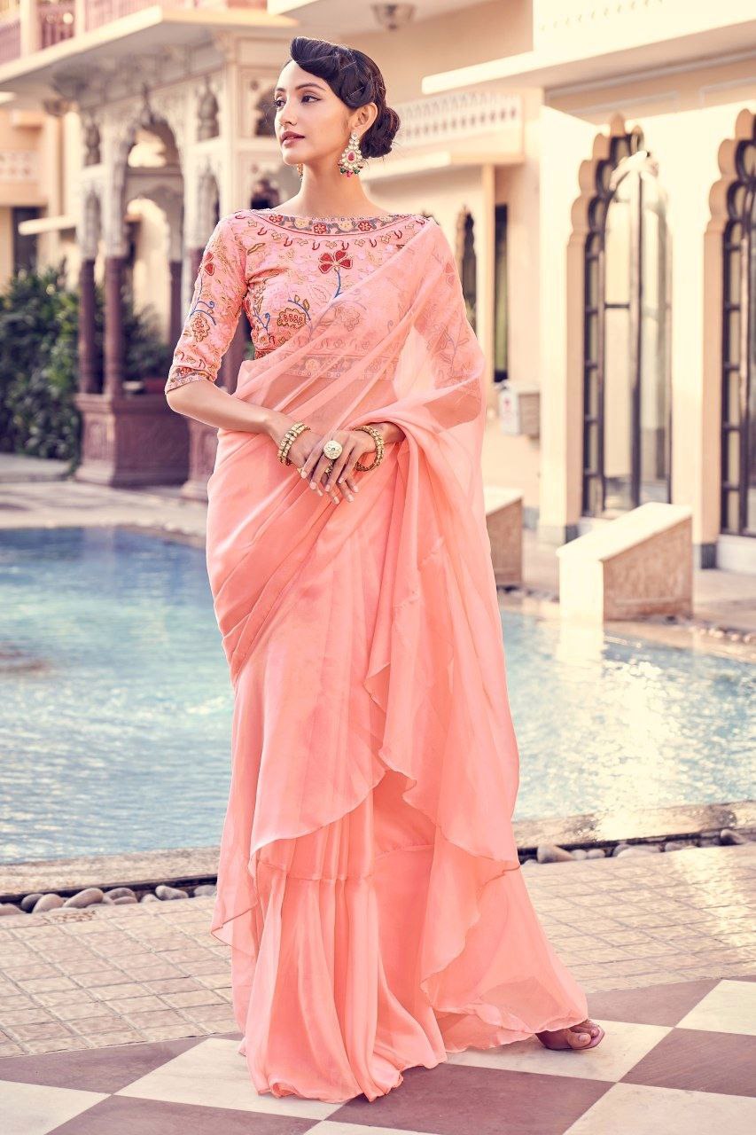 Luxury Peach Pink Organza Saree With Intricate Thread & Sequin Work