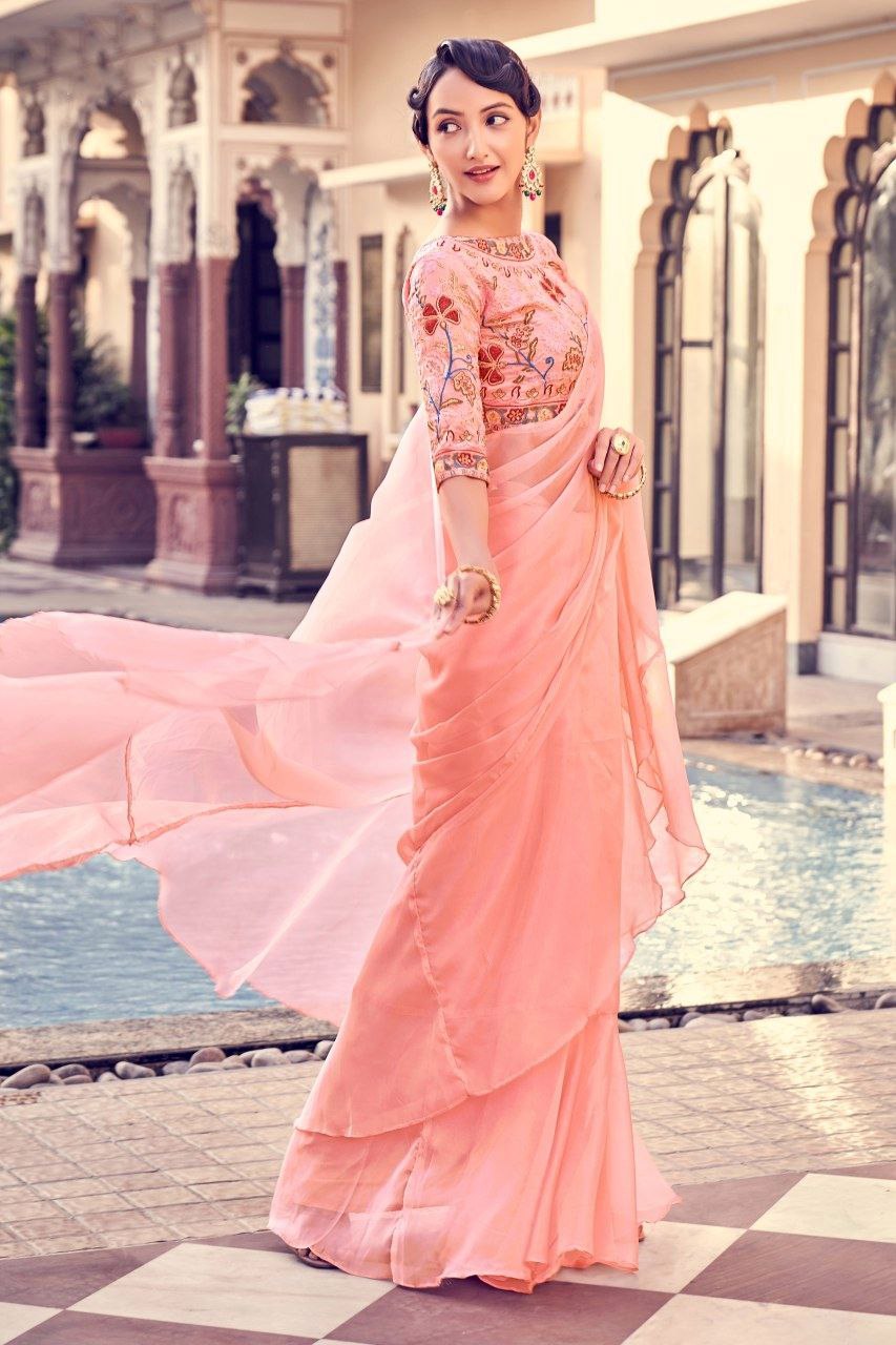 Luxury Peach Pink Organza Saree With Intricate Thread & Sequin Work