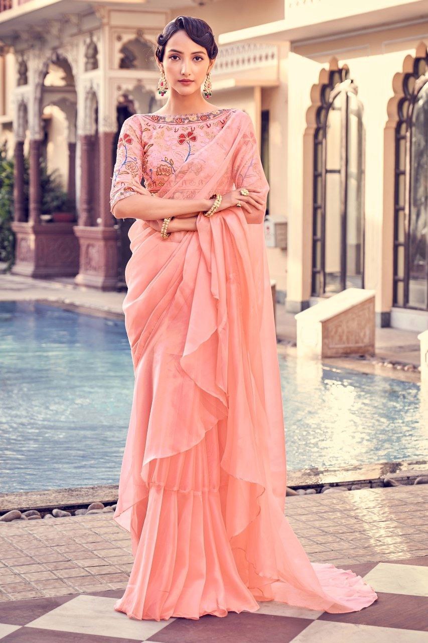 Luxury Peach Pink Organza Saree With Intricate Thread & Sequin Work