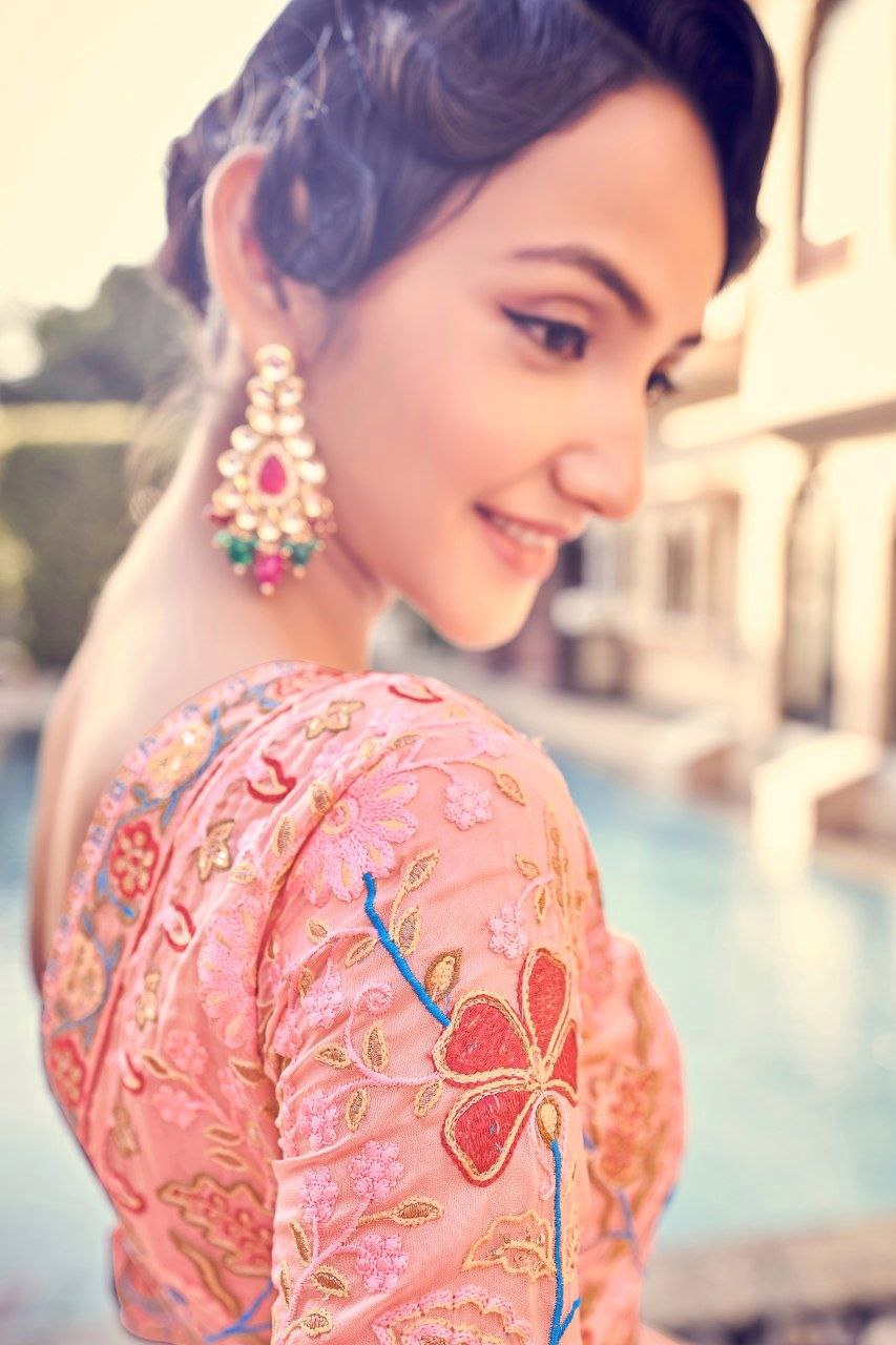 Luxury Peach Pink Organza Saree With Intricate Thread & Sequin Work