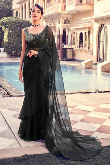 Black Organza Designer Saree With Sequin &amp; Real Mirror Embellishment