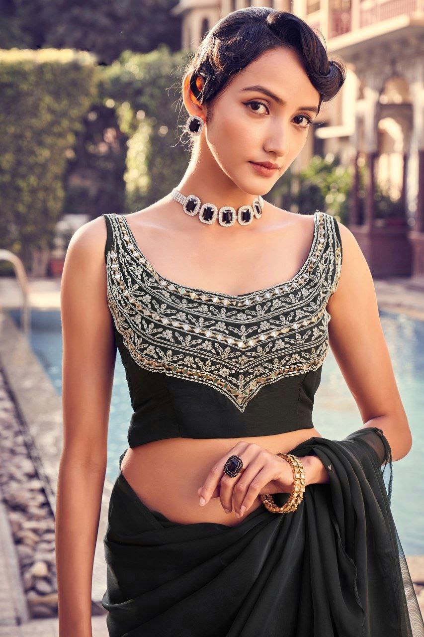 Black Organza Designer Saree With Sequin &amp; Real Mirror Embellishment