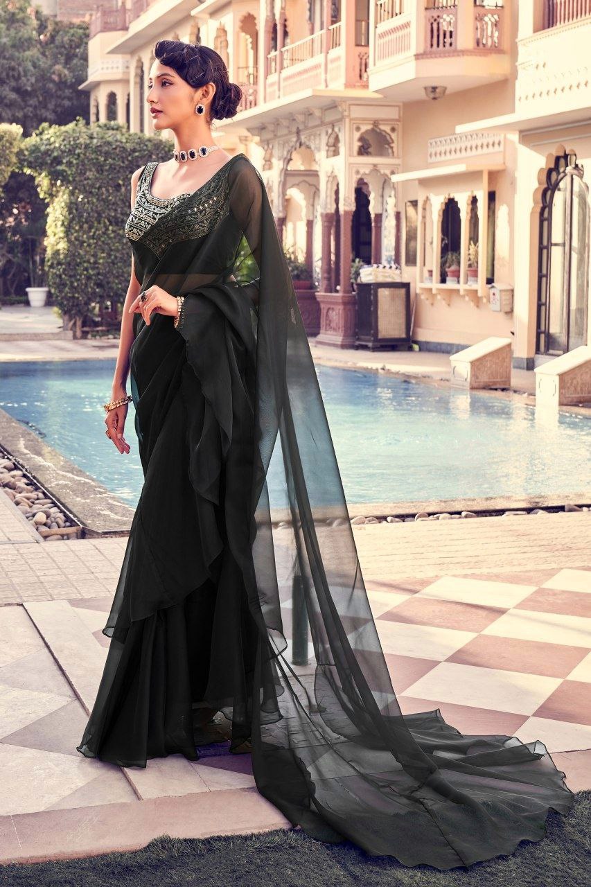 Black Organza Designer Saree With Sequin &amp; Real Mirror Embellishment