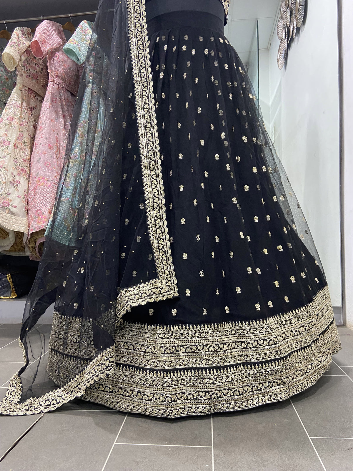Elegant Black Zari &amp; Sequins Work Designer Lehenga Set