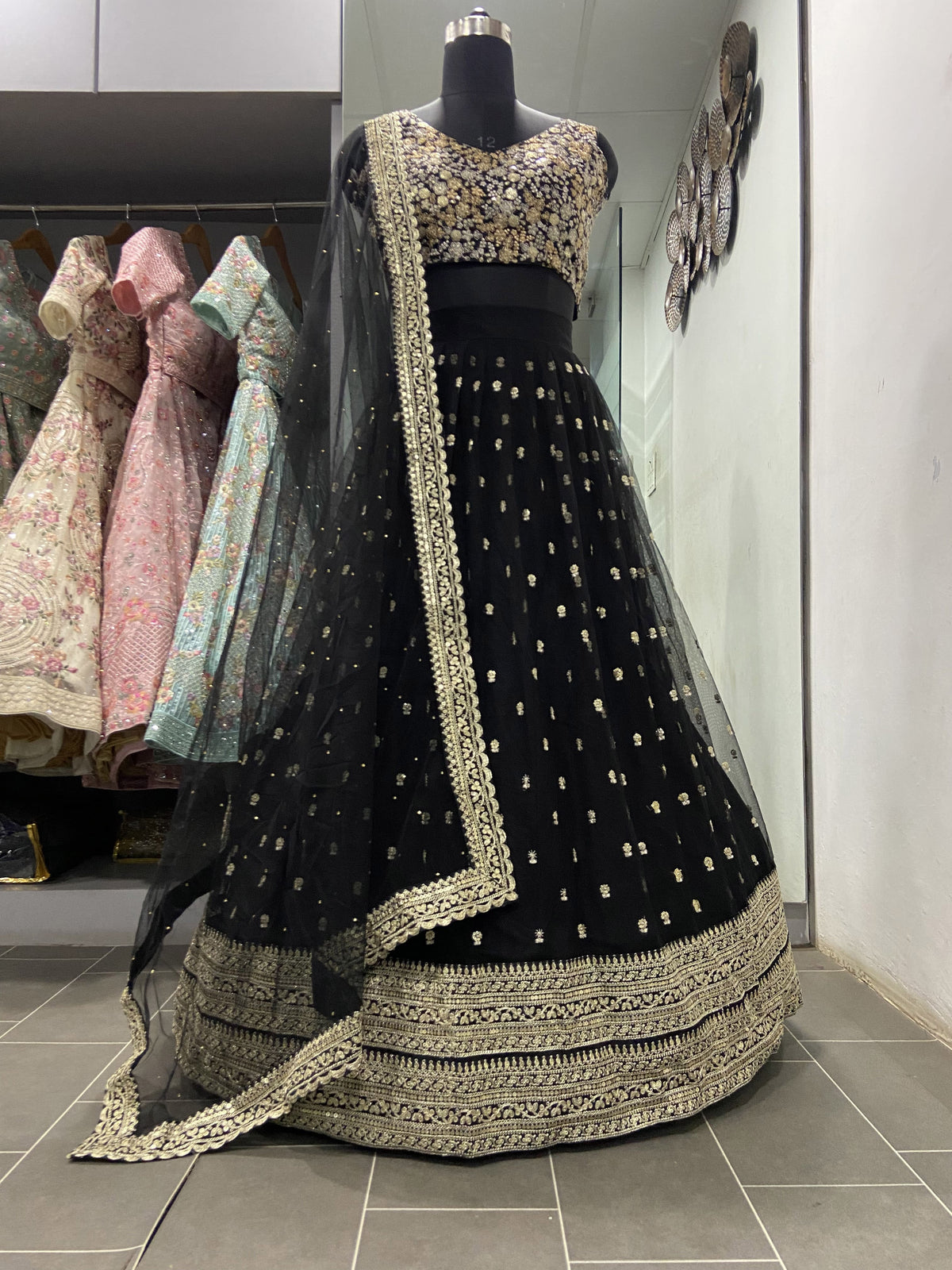 Elegant Black Zari &amp; Sequins Work Designer Lehenga Set