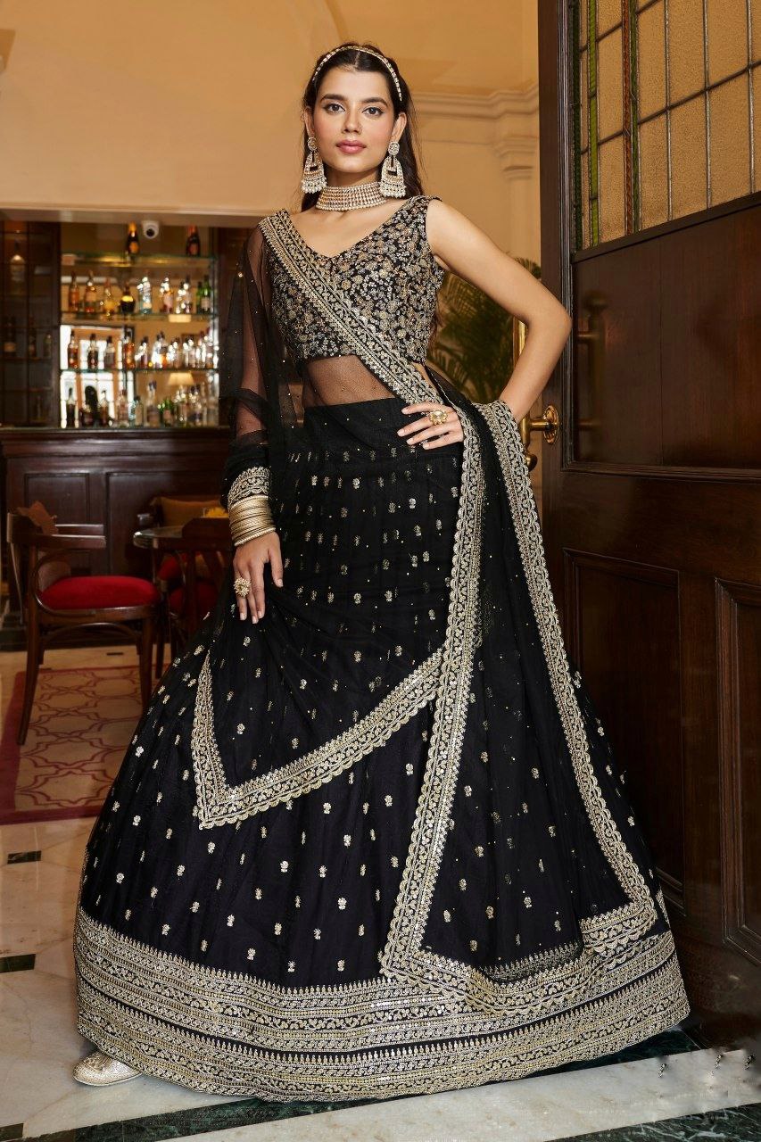 Premium Black Soft Net Lehenga Set with Sequin & Zari Work