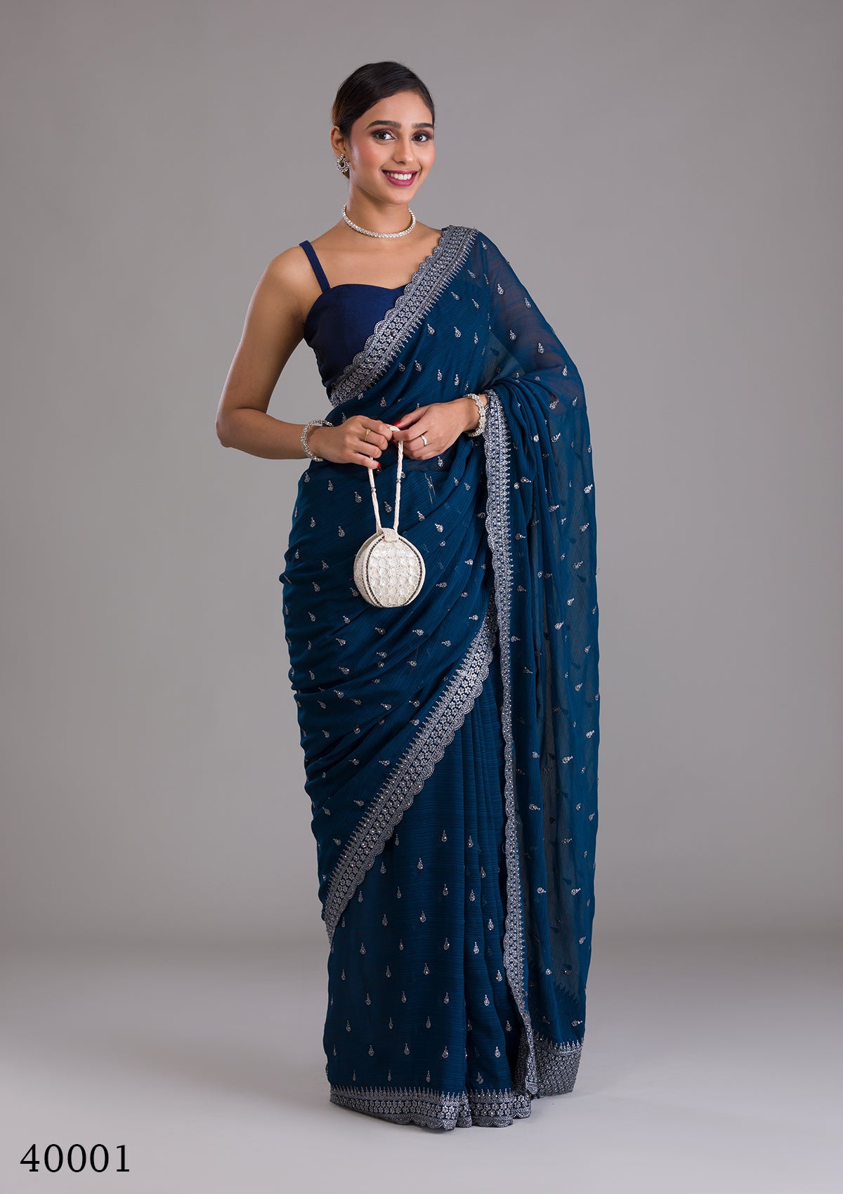 Designer Blue Chinon Chiffon Saree with Zari & Sequin Work
