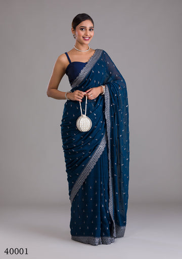 Designer Blue Chinon Chiffon Saree with Zari & Sequin Work