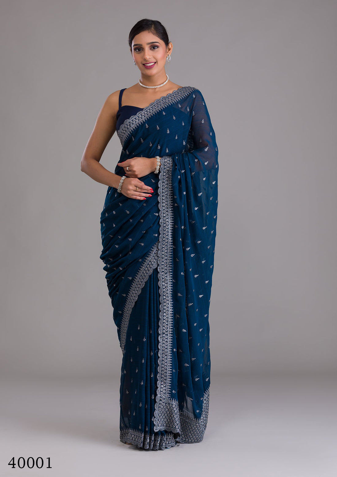 Designer Blue Chinon Chiffon Saree with Zari & Sequin Work