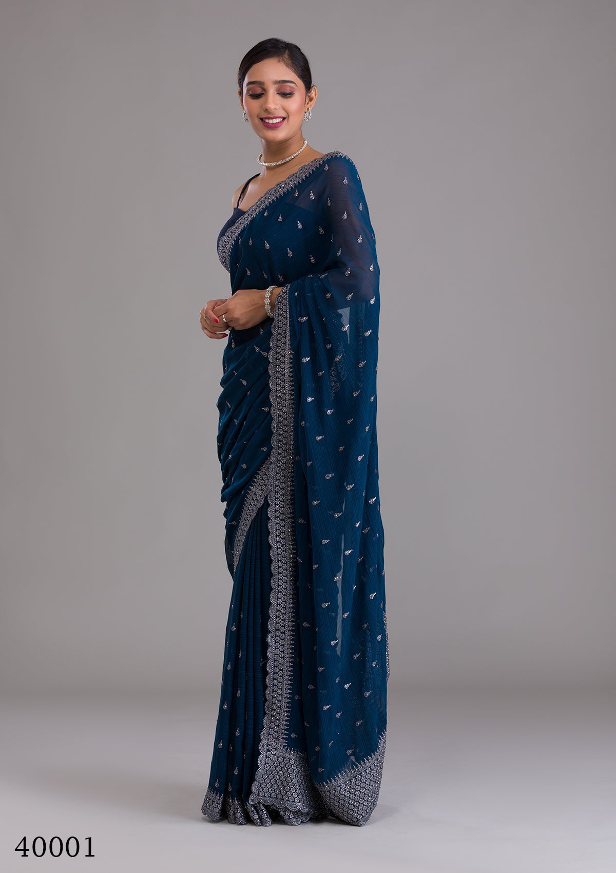 Designer Blue Chinon Chiffon Saree with Zari & Sequin Work