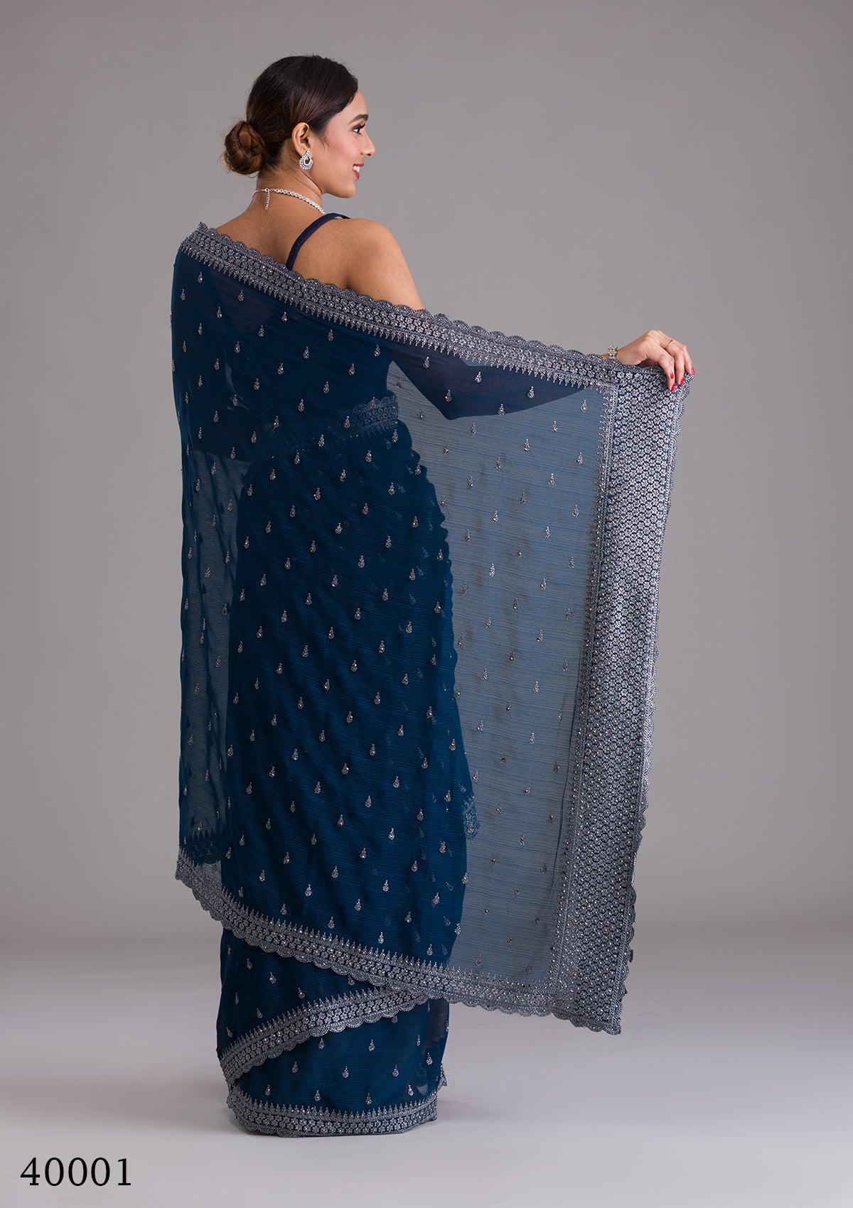 Designer Blue Chinon Chiffon Saree with Zari & Sequin Work