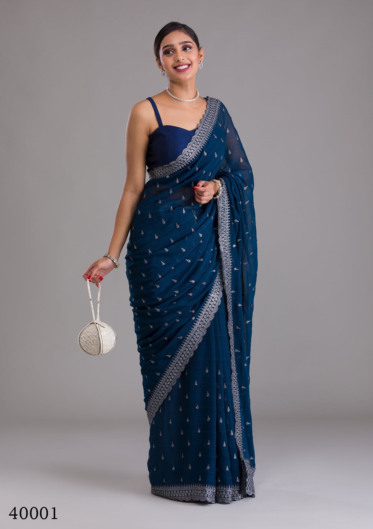 Designer Blue Chinon Chiffon Saree with Zari & Sequin Work