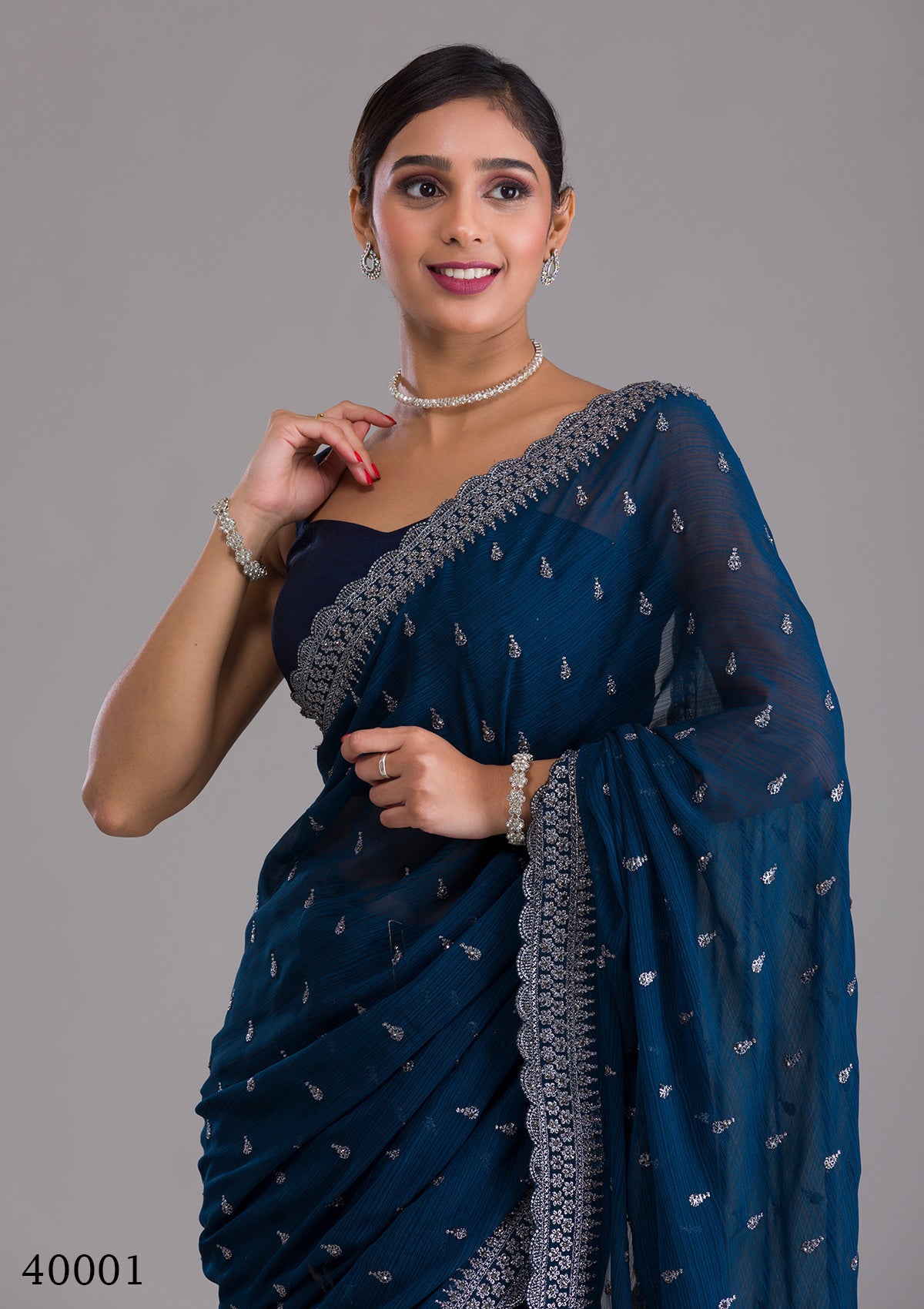 Designer Blue Chinon Chiffon Saree with Zari & Sequin Work