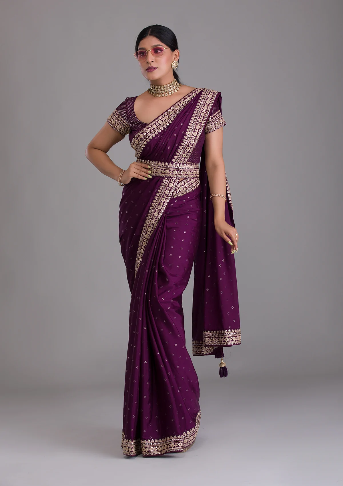 Designer Wine Kasturi Silk Saree with Zari & Foil Work