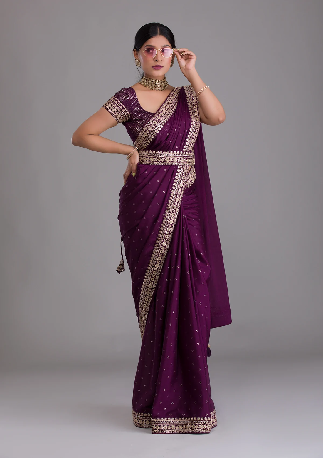 Designer Wine Kasturi Silk Saree with Zari & Foil Work