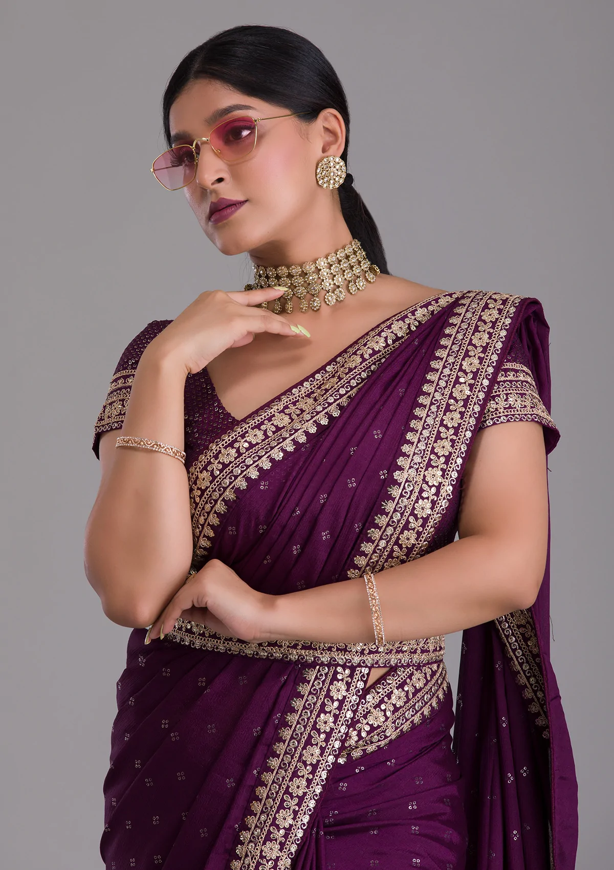 Designer Wine Kasturi Silk Saree with Zari & Foil Work
