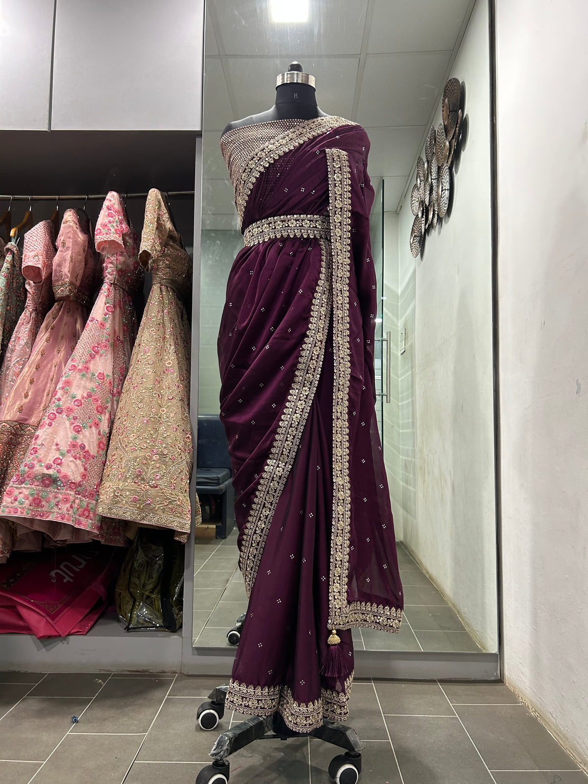 Designer Wine Kasturi Silk Saree with Zari & Foil Work