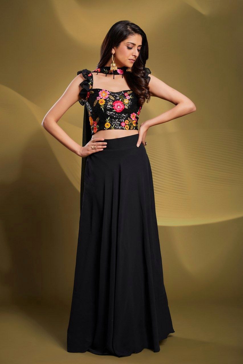 Designer Black Georgette Lehenga Set with Resham & Sequin Work