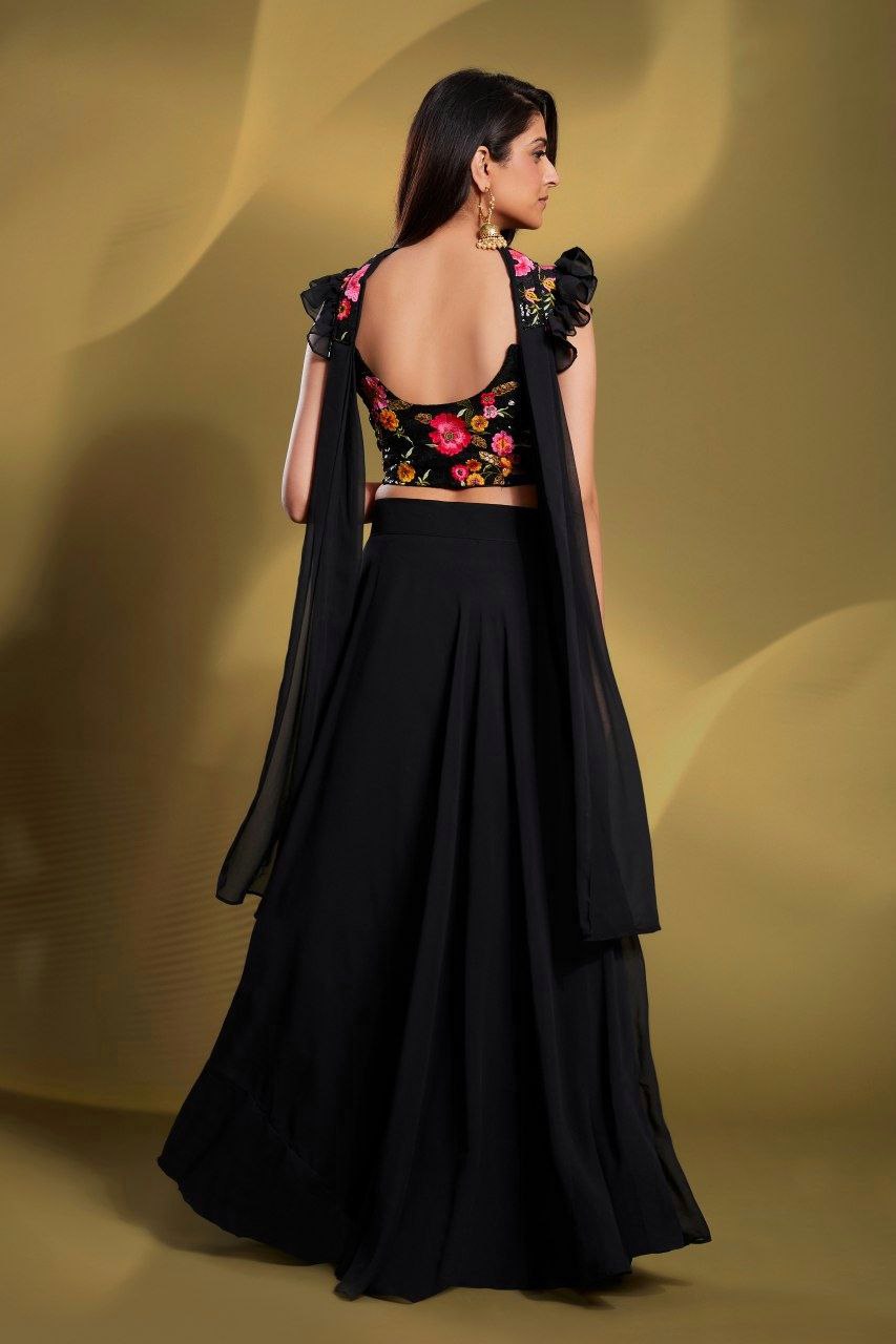 Designer Black Georgette Lehenga Set with Resham & Sequin Work