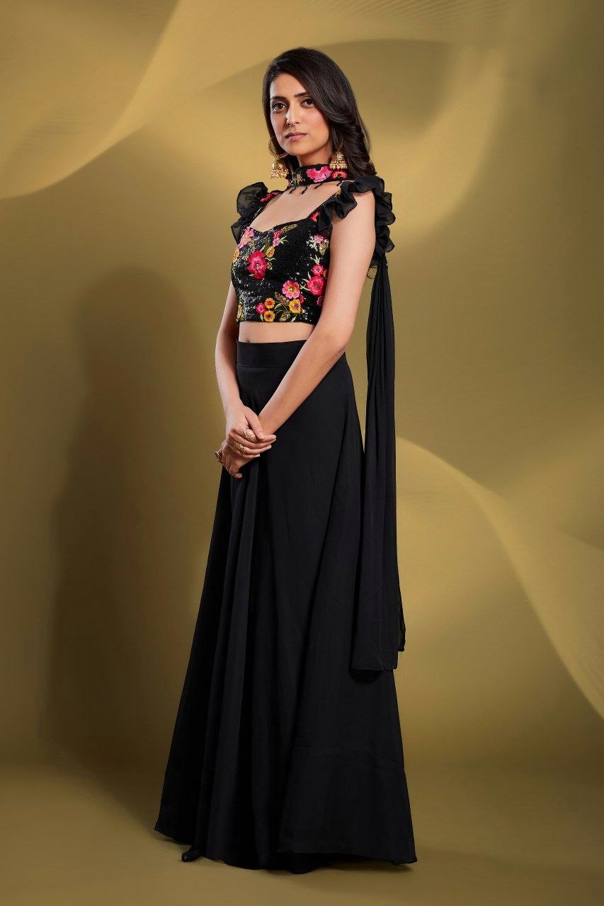Designer Black Georgette Lehenga Set with Resham & Sequin Work