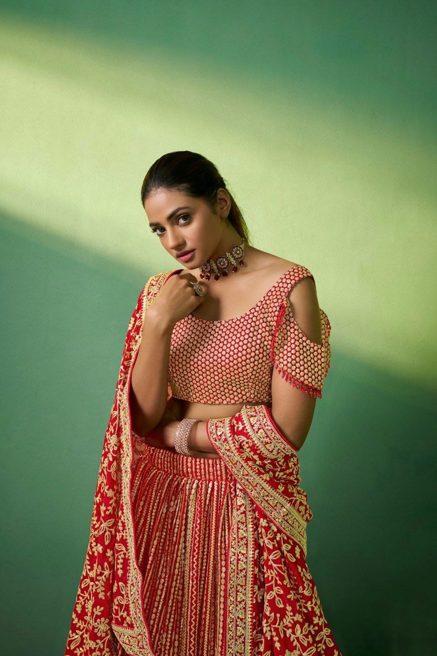 Elegant Red Georgette Embroidered Lehenga Choli