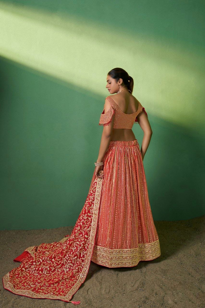 Elegant Red Georgette Embroidered Lehenga Choli