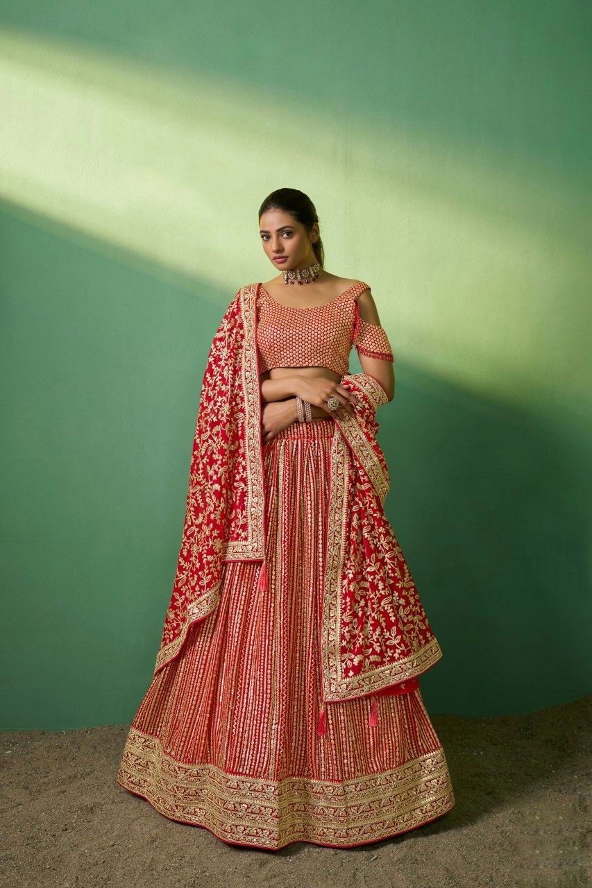 Elegant Red Georgette Embroidered Lehenga Choli