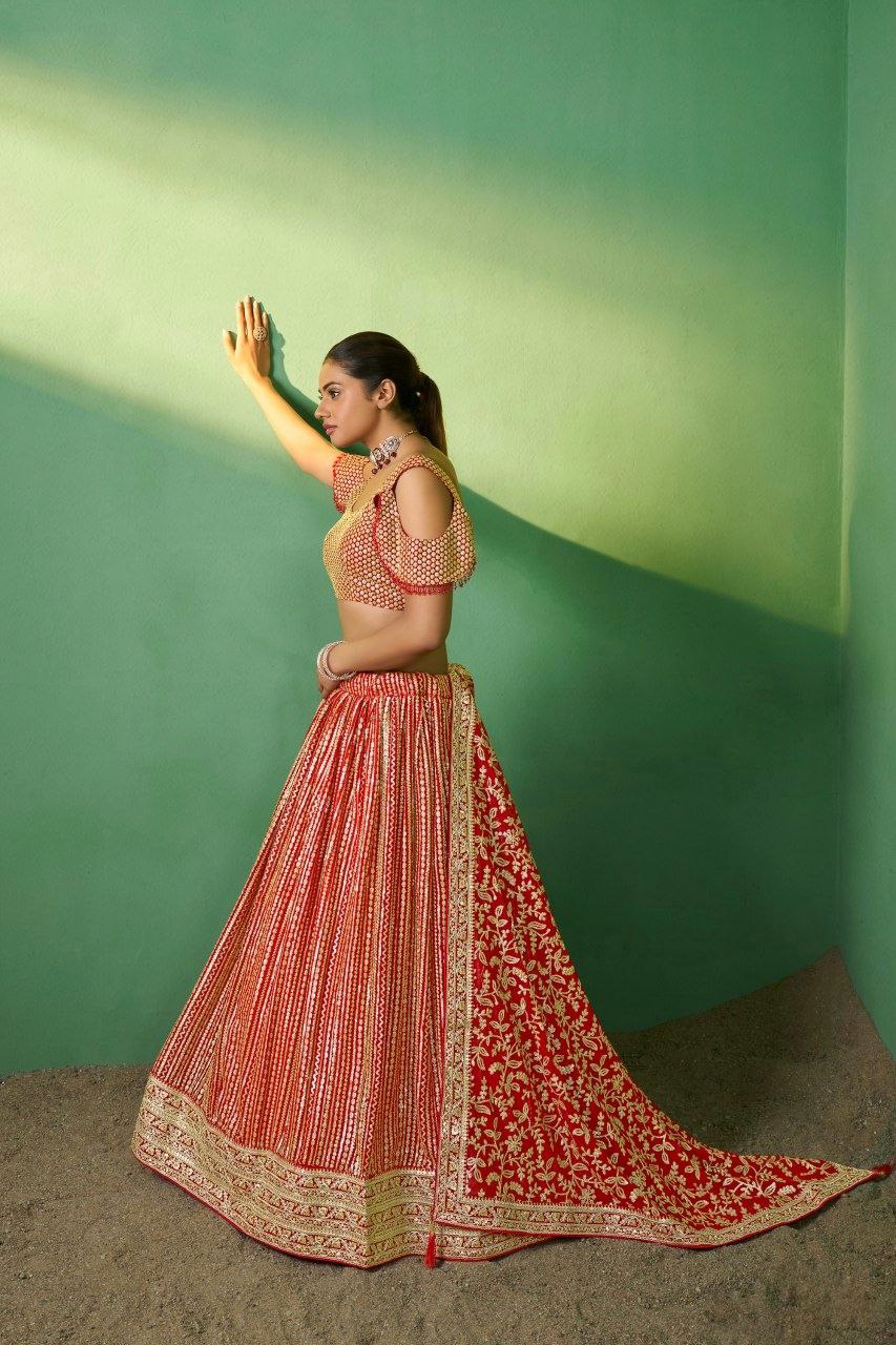 Elegant Red Georgette Embroidered Lehenga Choli