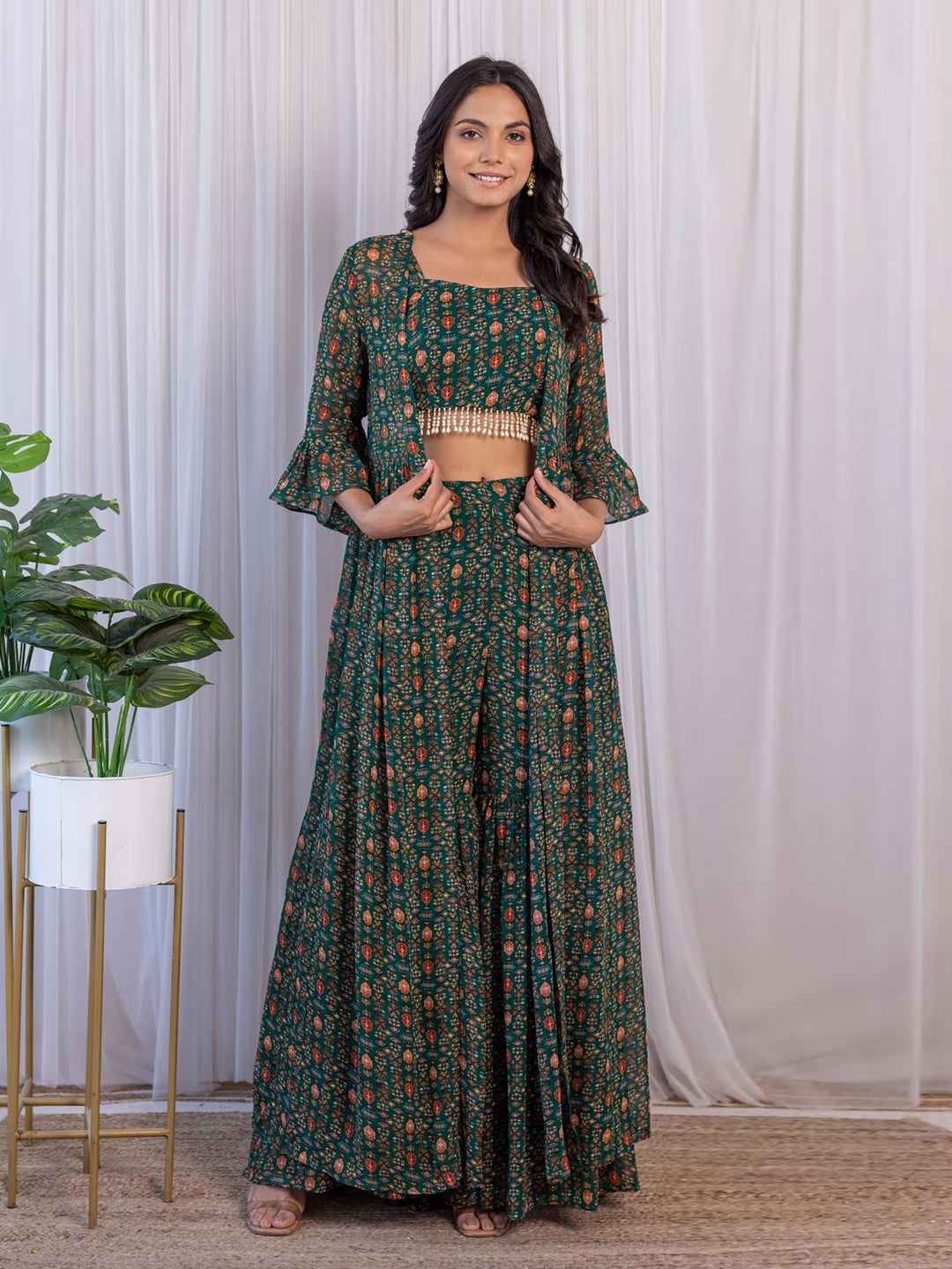 Trendy Green Georgette Printed Crop Top & Bottom Set