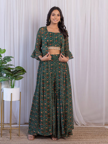 Trendy Green Georgette Printed Crop Top & Bottom Set