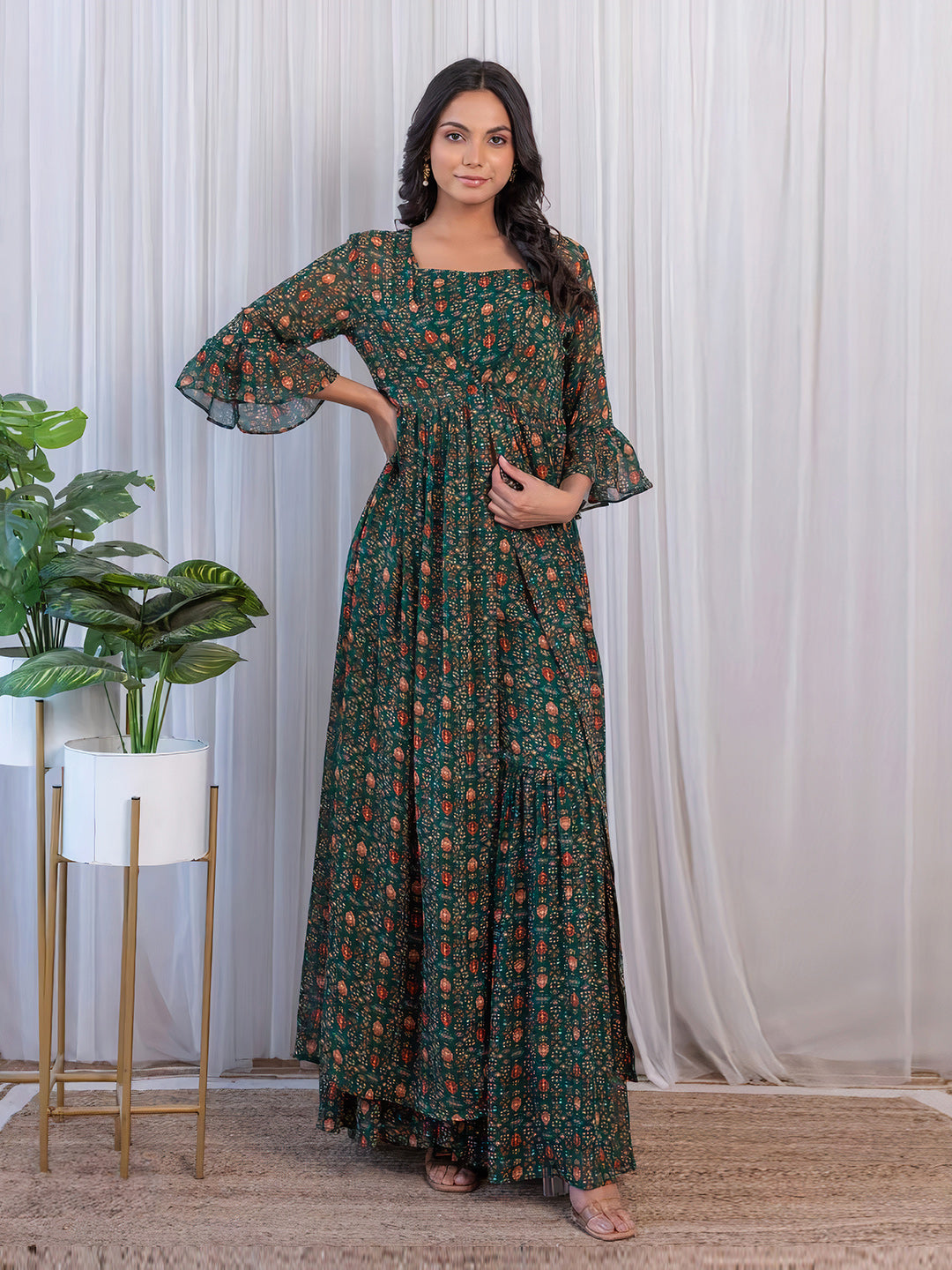 Trendy Green Georgette Printed Crop Top & Bottom Set
