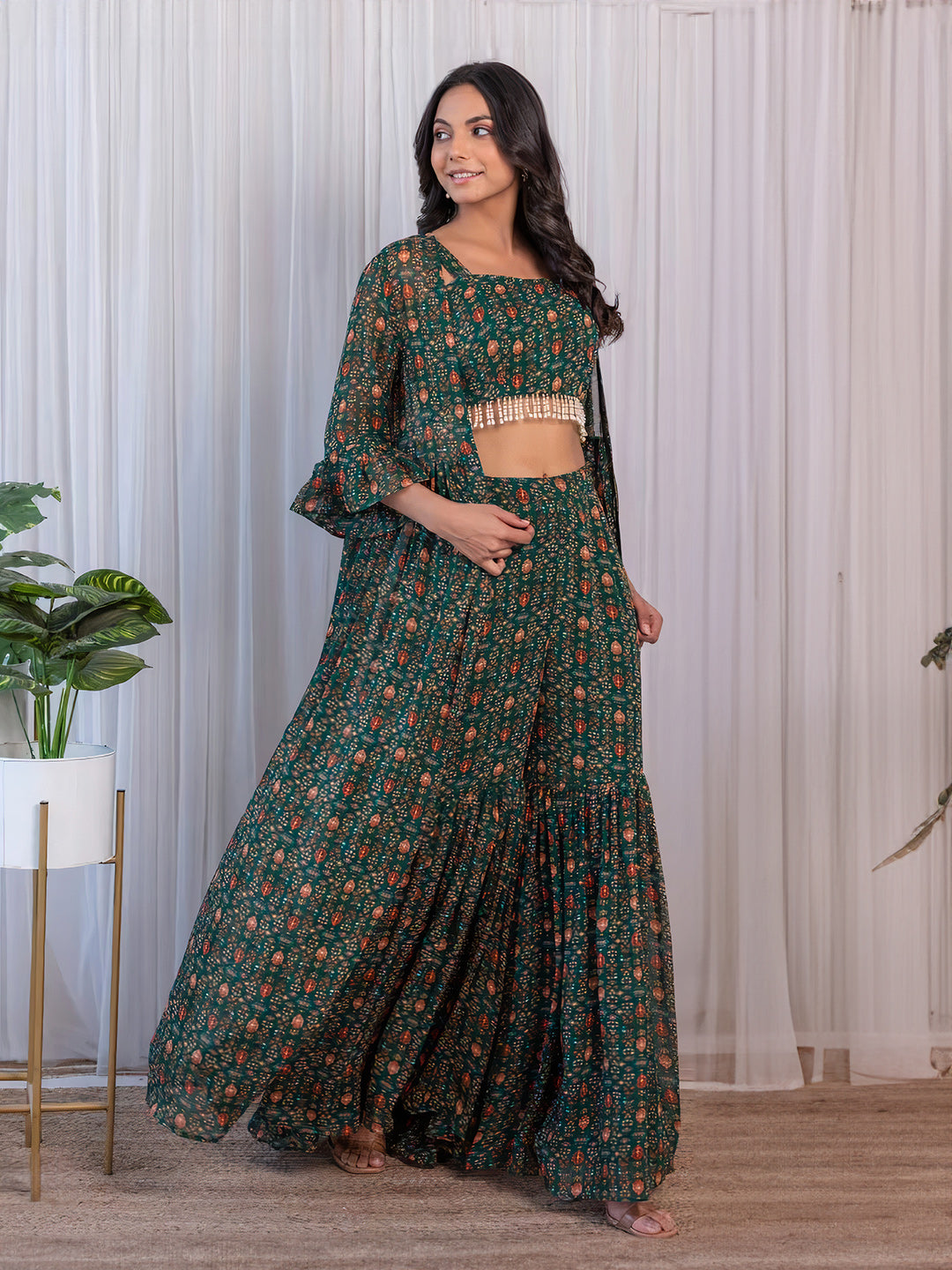 Trendy Green Georgette Printed Crop Top & Bottom Set
