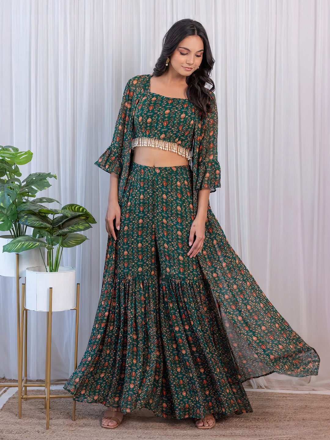 Trendy Green Georgette Printed Crop Top & Bottom Set
