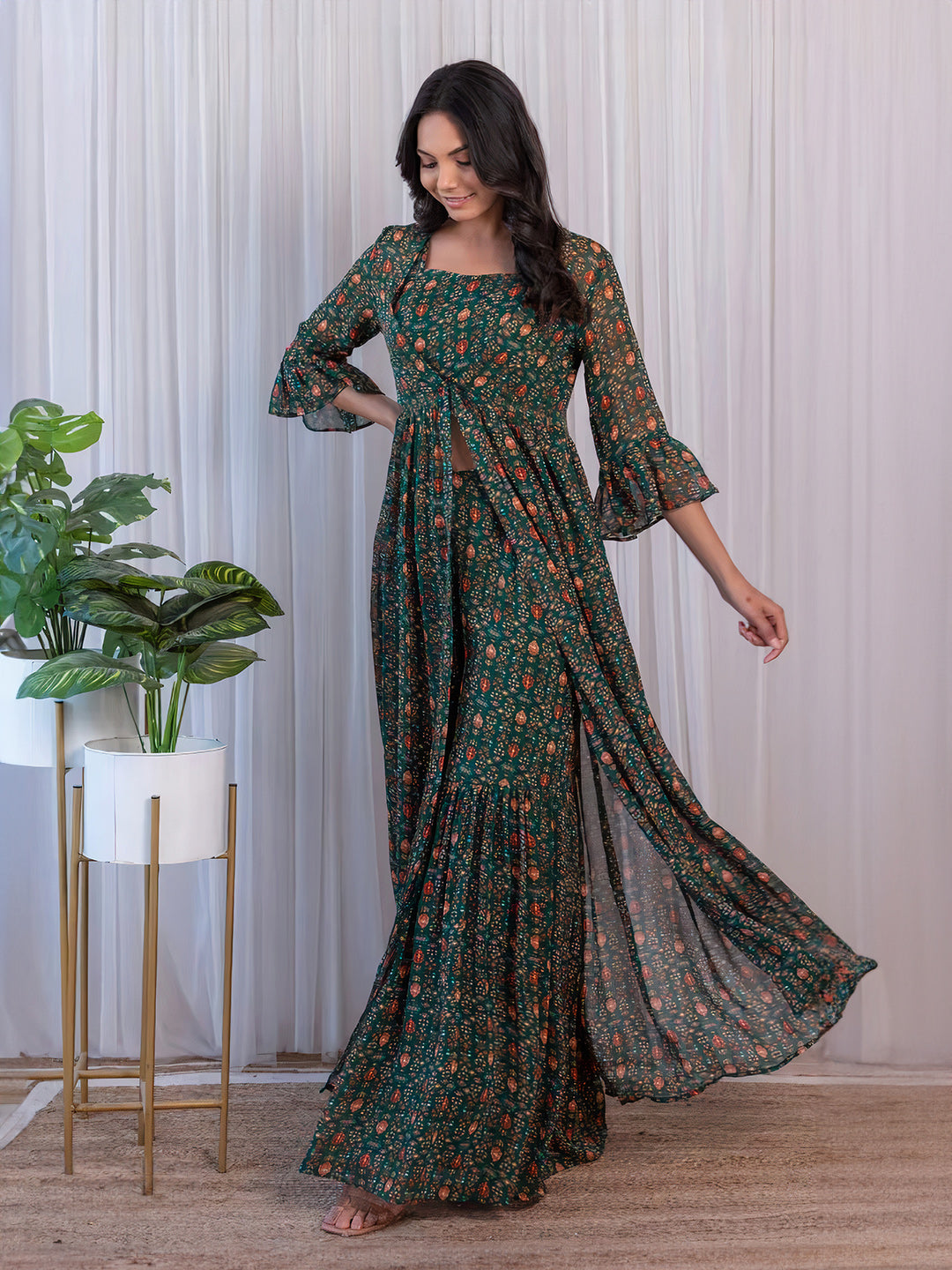 Trendy Green Georgette Printed Crop Top & Bottom Set