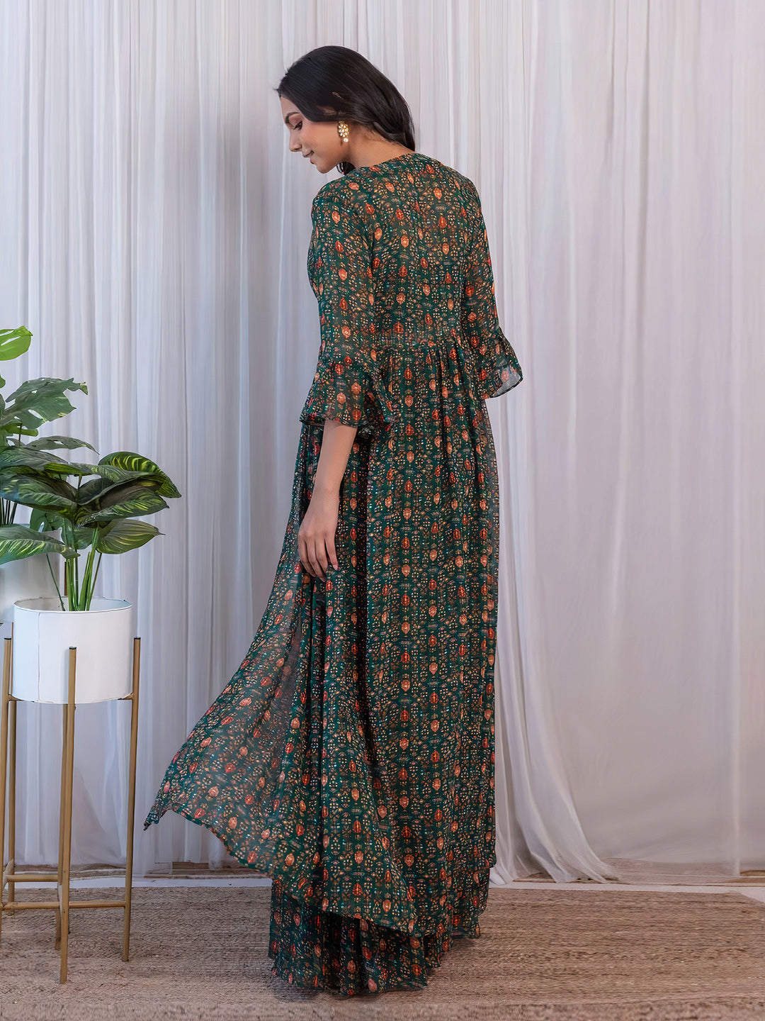 Trendy Green Georgette Printed Crop Top & Bottom Set