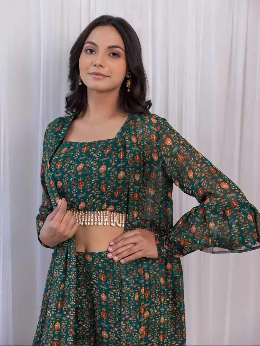 Trendy Green Georgette Printed Crop Top & Bottom Set