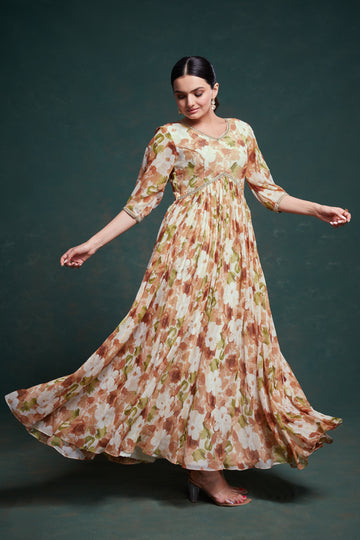 Traditional Kalamkari Digital Printed Chiffon Gown With Georgette Dupatta