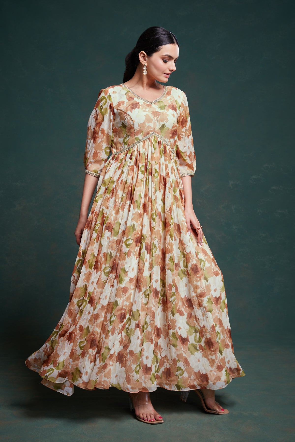Traditional Kalamkari Digital Printed Chiffon Gown With Georgette Dupatta