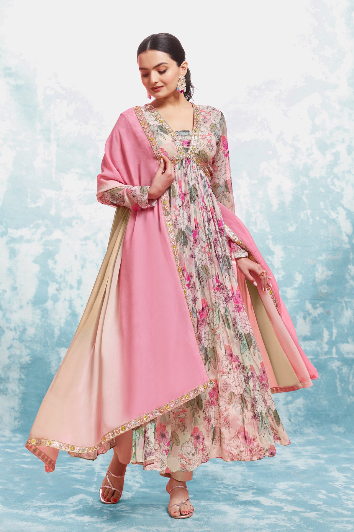 Floral Elegance Printed Georgette Gown Set With Lace Work Dupatta