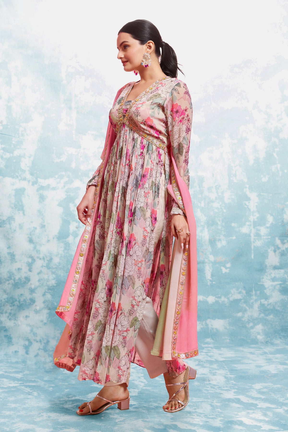 Floral Elegance Printed Georgette Gown Set With Lace Work Dupatta