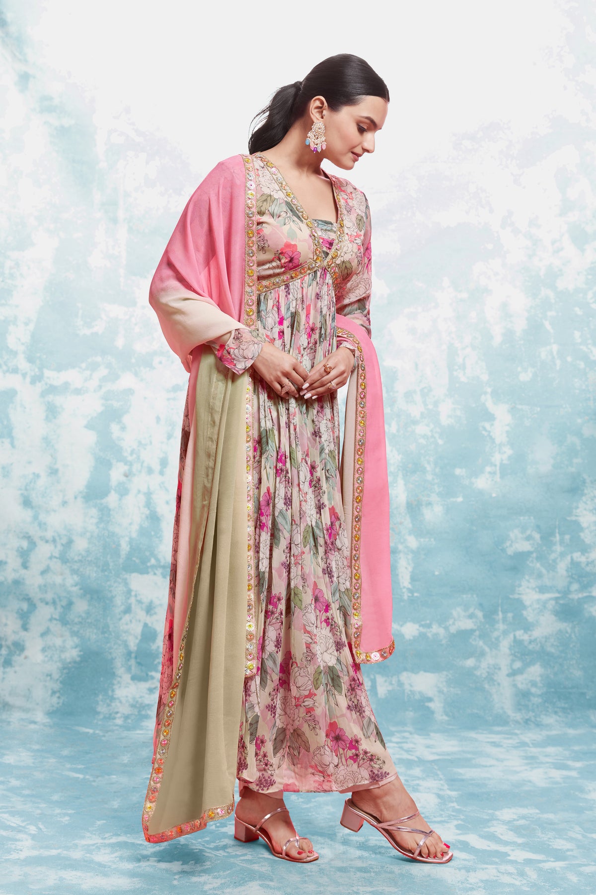 Floral Elegance Printed Georgette Gown Set With Lace Work Dupatta
