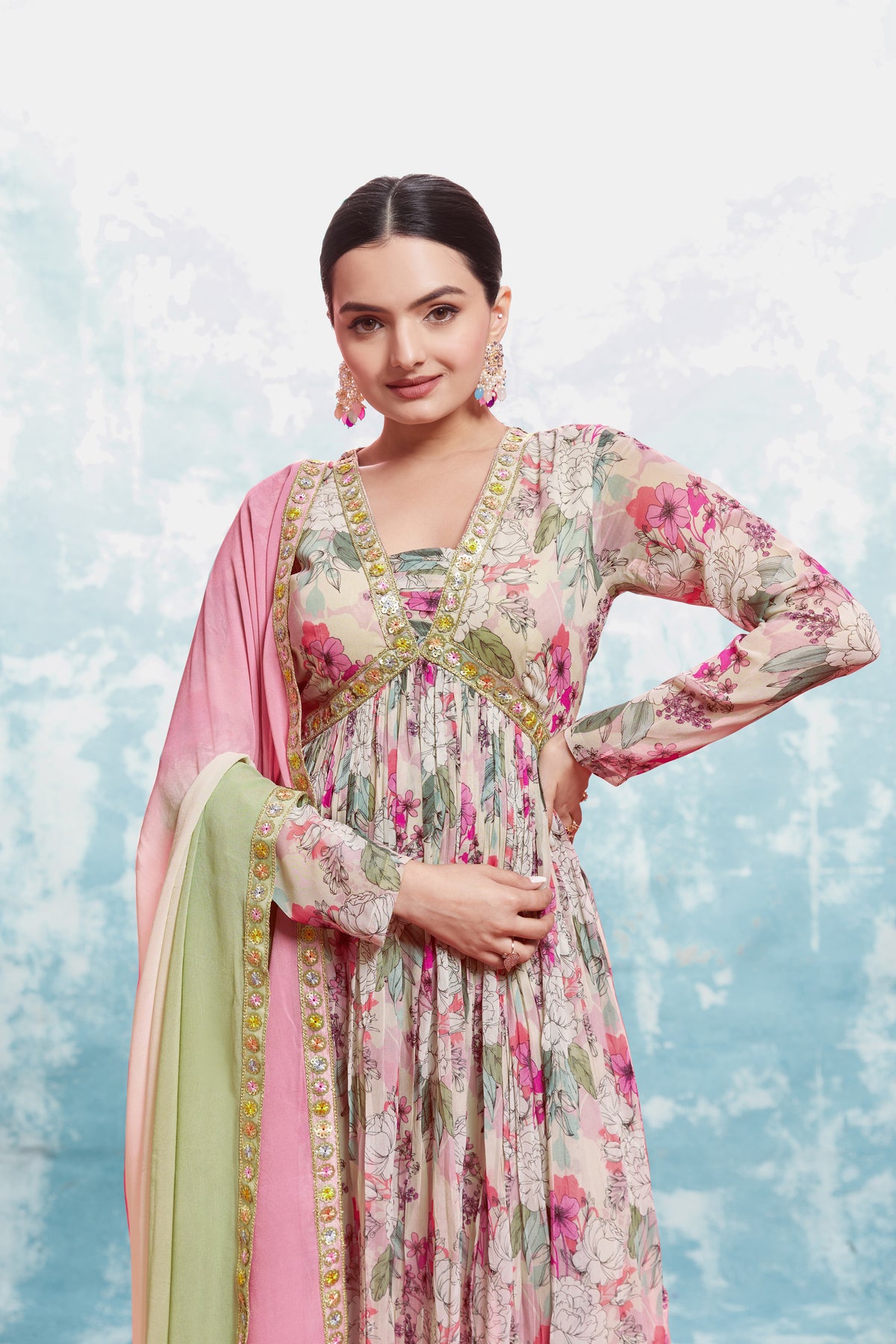 Floral Elegance Printed Georgette Gown Set With Lace Work Dupatta