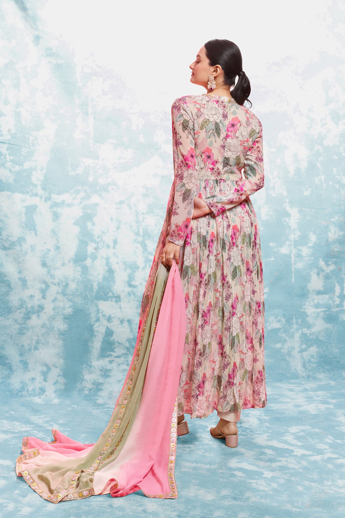 Floral Elegance Printed Georgette Gown Set With Lace Work Dupatta