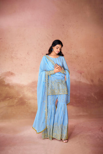 Designer Georgette Sequins Embroidered Top Sharara & Lace Dupatta Set