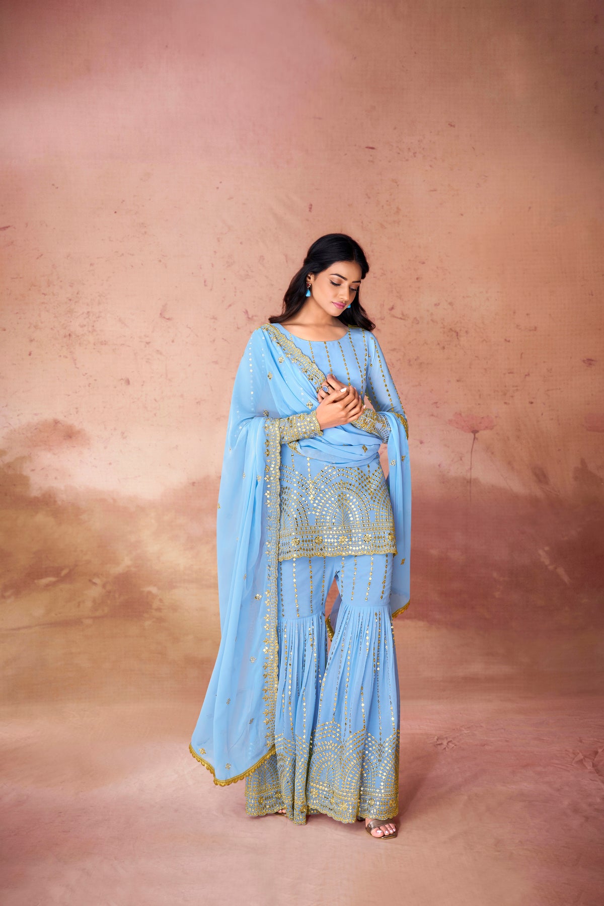 Designer Georgette Sequins Embroidered Top Sharara & Lace Dupatta Set
