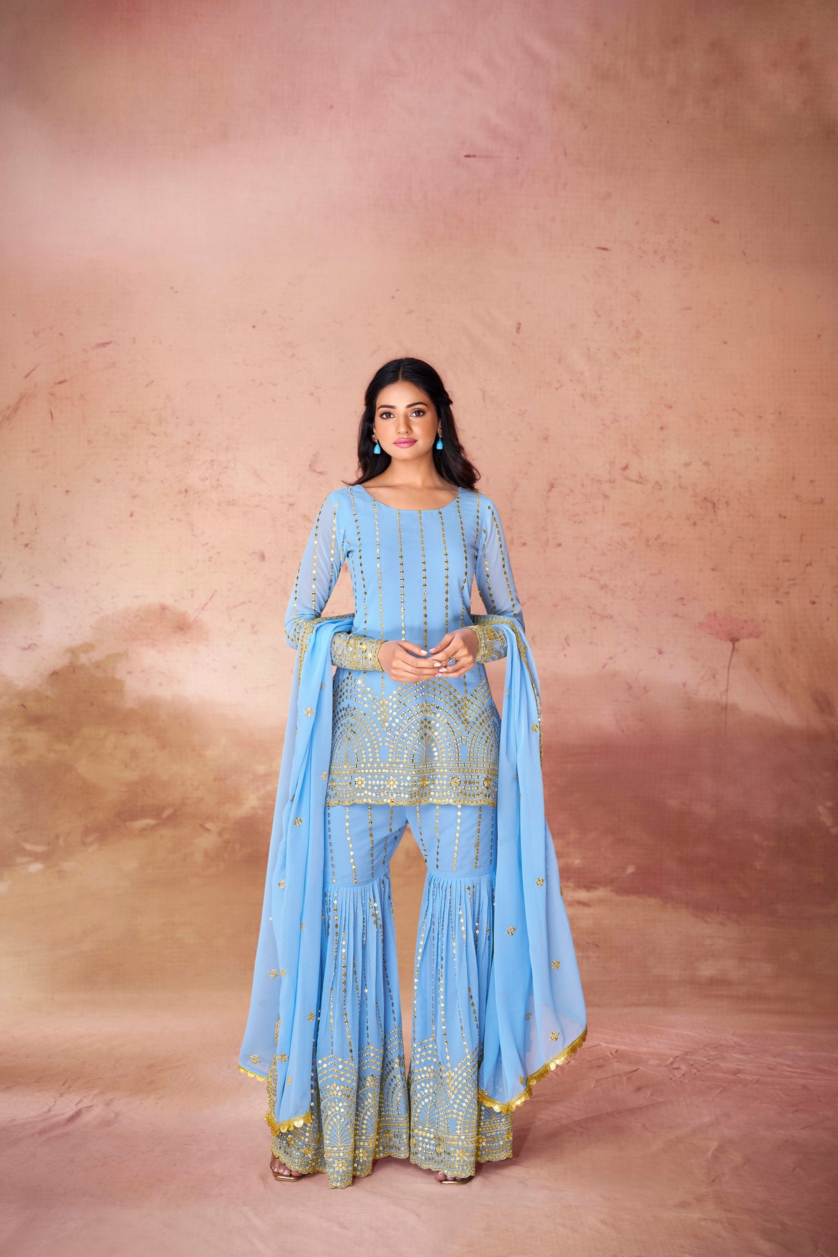 Designer Georgette Sequins Embroidered Top Sharara & Lace Dupatta Set
