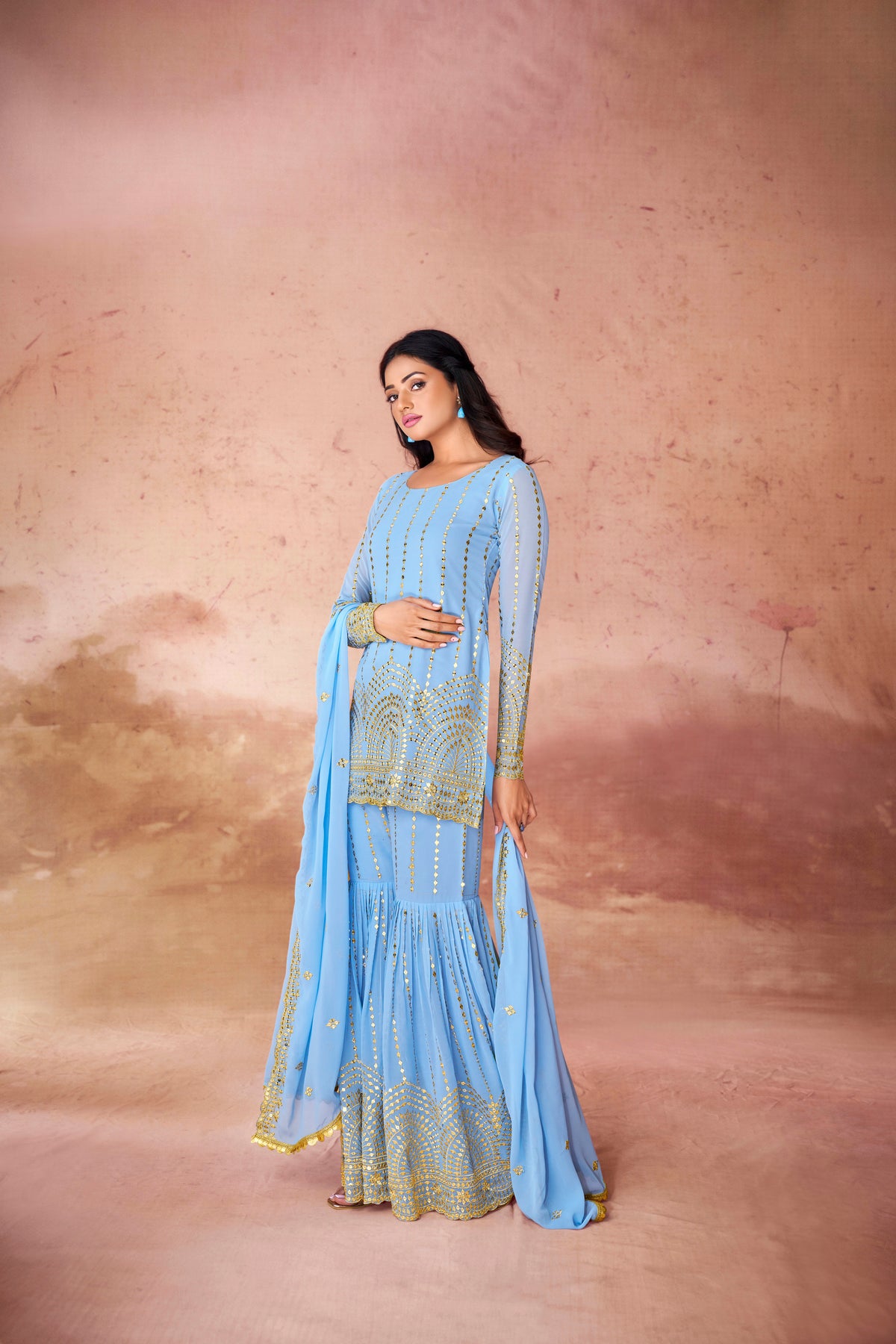 Designer Georgette Sequins Embroidered Top Sharara & Lace Dupatta Set