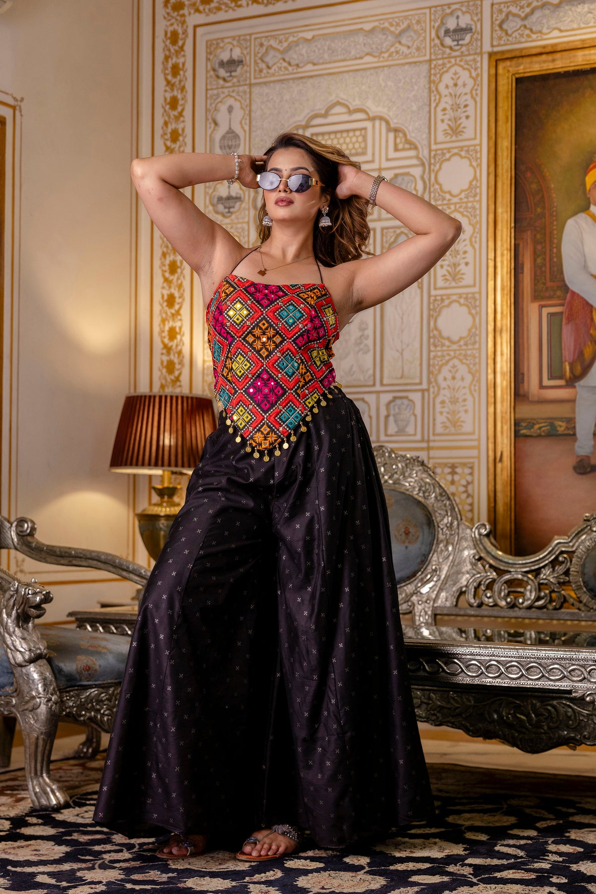 Designer Bangalori Silk Embroidered Top with Mirror Work & Flairy Butti Palazzo Set