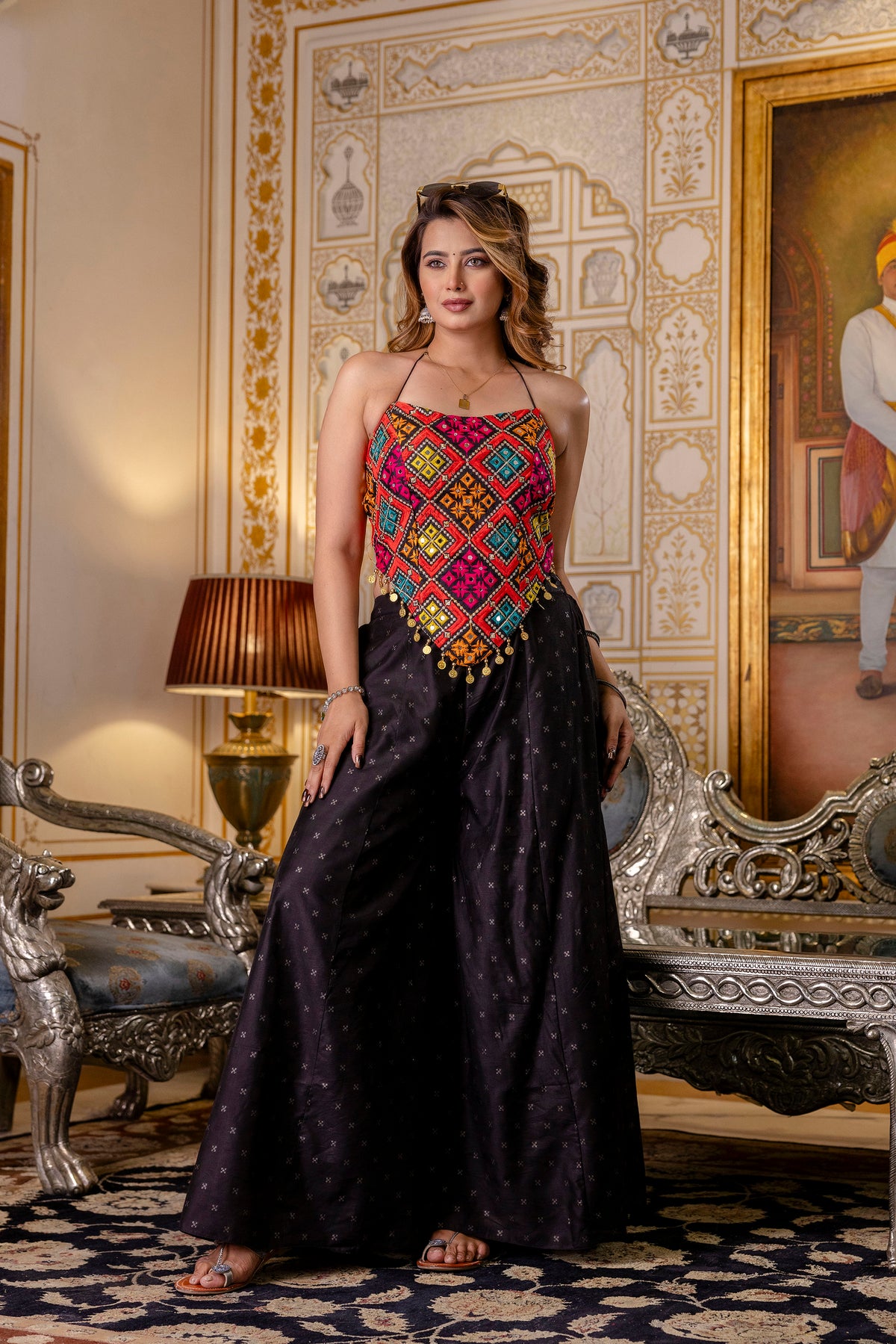 Designer Bangalori Silk Embroidered Top with Mirror Work & Flairy Butti Palazzo Set